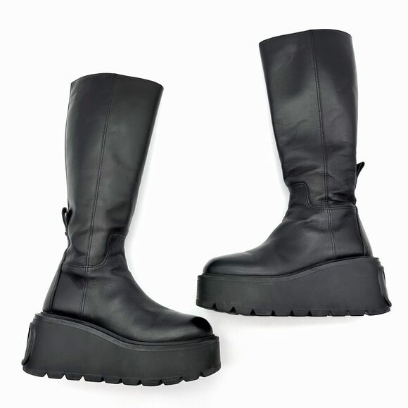 VALENTINO Black Uniqueform VLogo Tall Platform Wedge Boot Size 38.5 Heel Leather - Picture 2 of 11